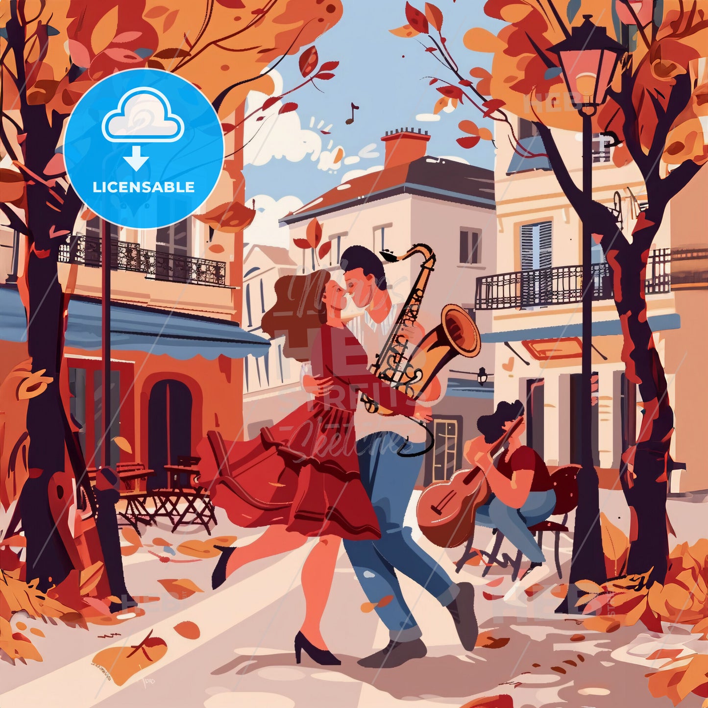 A Couple Kissing In A Street With Trees And Buildings