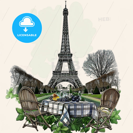 A Table With Chairs And A Table With A Picnic Table In Front Of The Eiffel Tower With Eiffel Tower In The Background