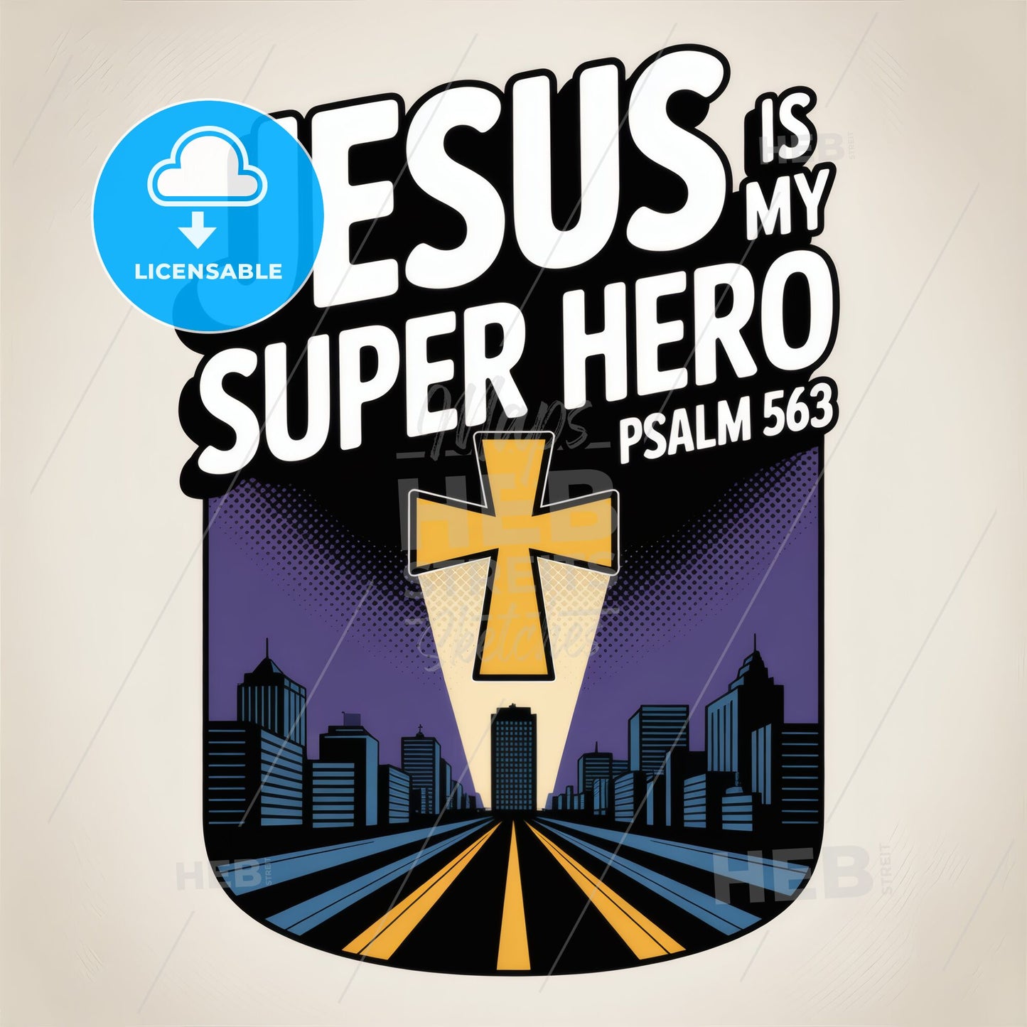 Empowering Christian Graphic: Jesus, My Super Hero with Urban Skyline and Inspirational Message