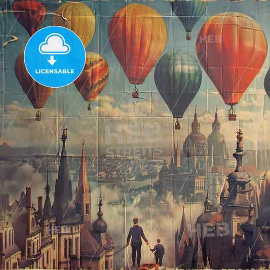 A Mural Of A City With Hot Air Balloons
