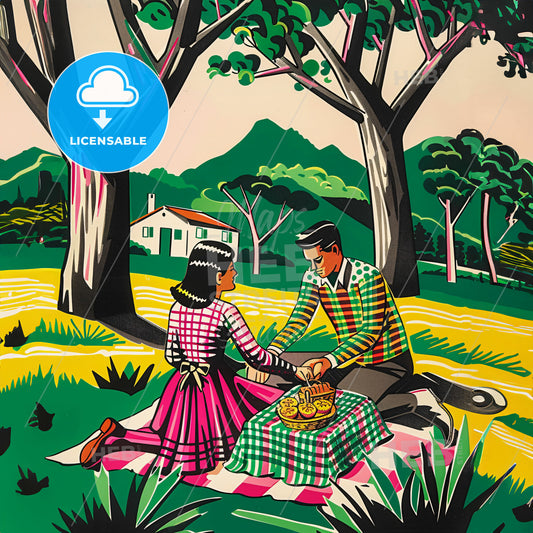 A Man And Woman Sitting On A Blanket In A Park