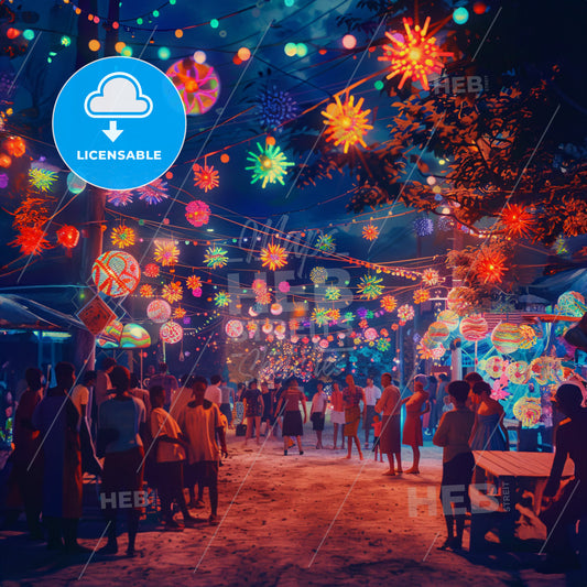 A Group Of People Walking In A Street With Lights