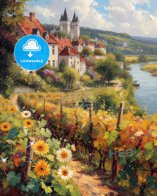 Loire Valley, France - A Painting Of A Town With A River And Flowers