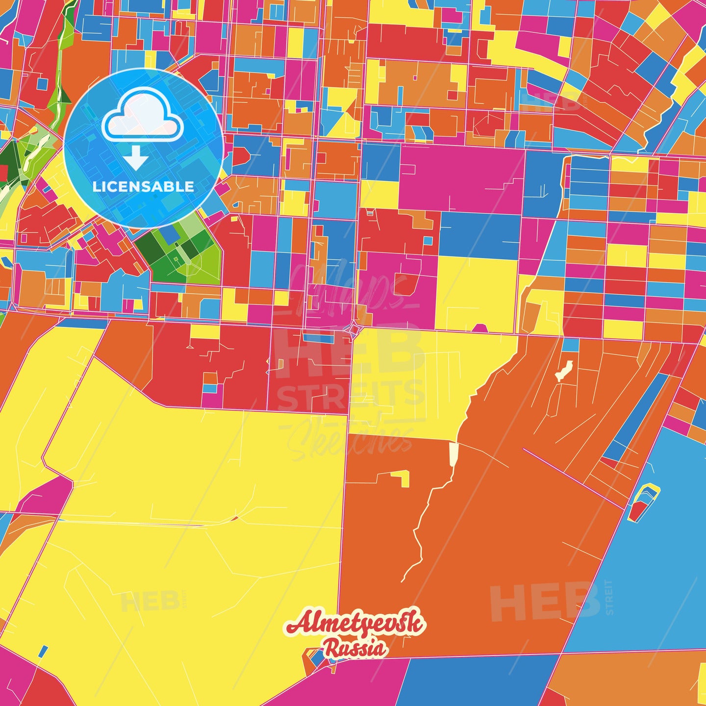 Almetyevsk, Russia Crazy Colorful Street Map Poster Template - HEBSTREITS Sketches