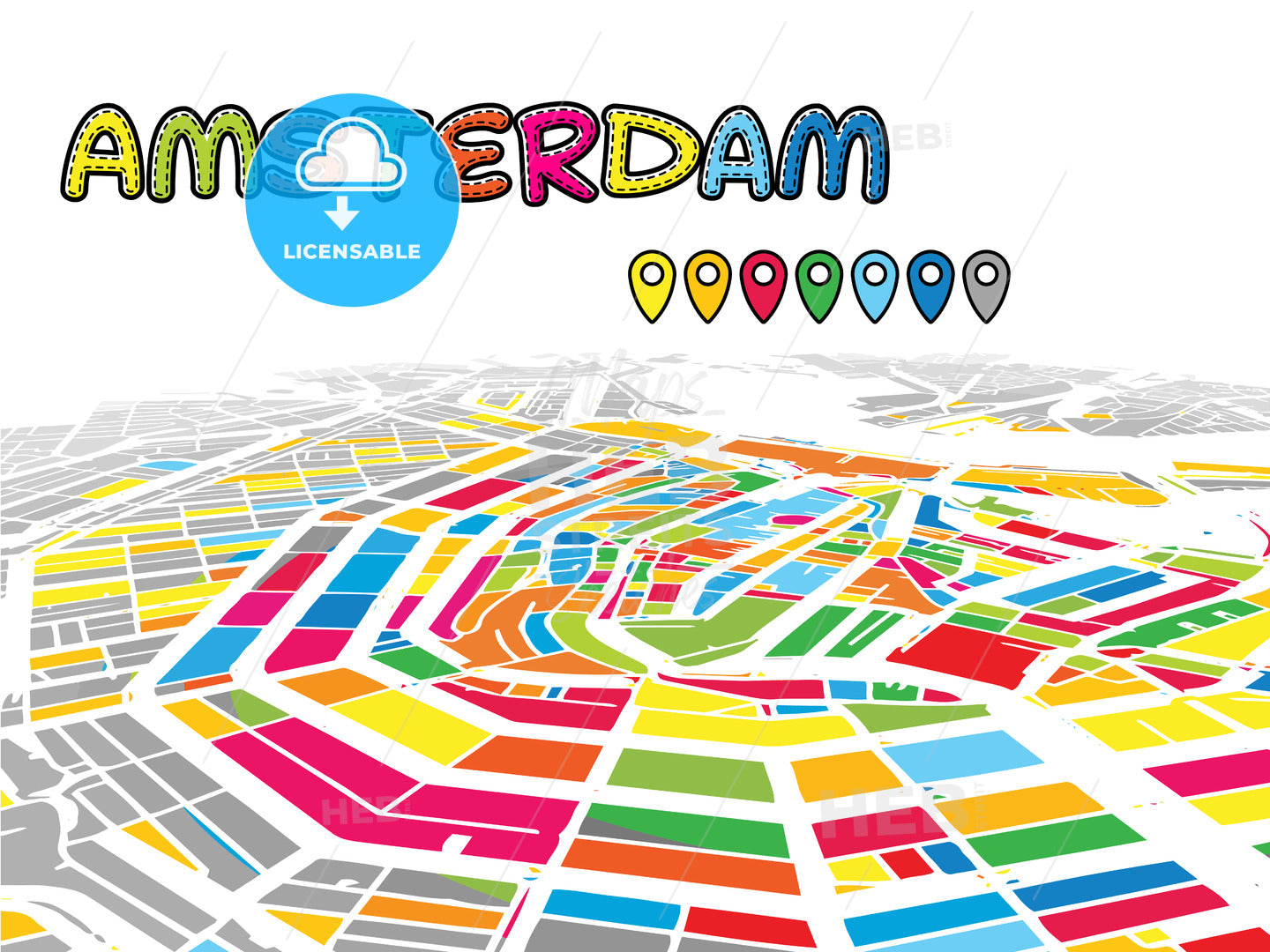 Amsterdam, Netherlands, downtown map in perspective