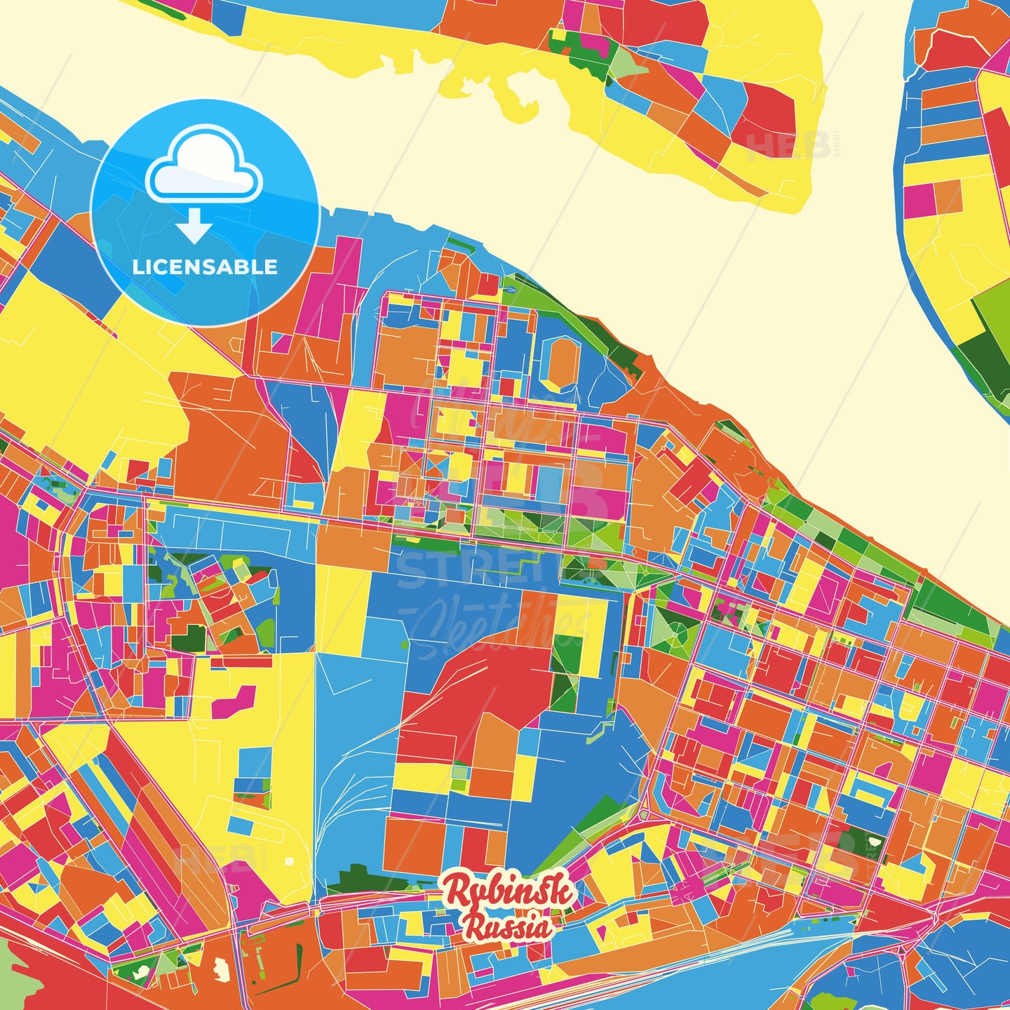 Rybinsk, Russia Crazy Colorful Street Map Poster Template - HEBSTREITS Sketches