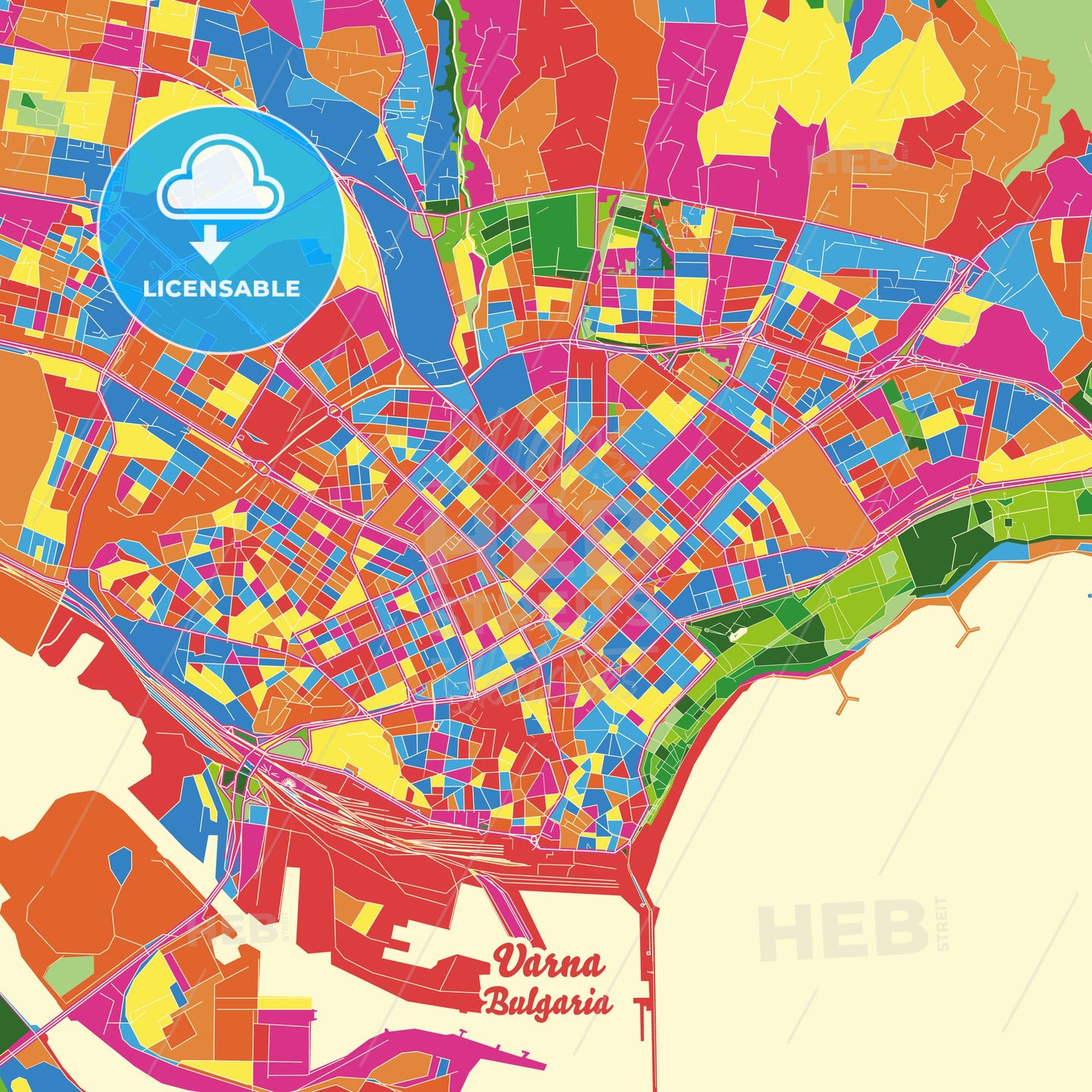 Varna, Bulgaria Crazy Colorful Street Map Poster Template - HEBSTREITS Sketches